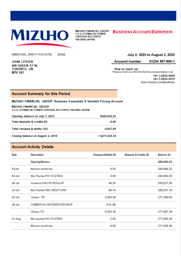 Modèle Word et PDF de relevé de compte de société bancaire Mizuho Financial Group